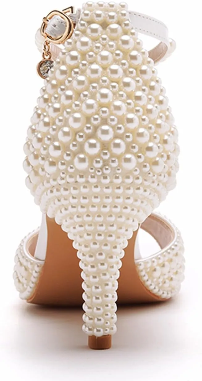 Crystal Queen 3 inches Stiletto Heels Pearls Sandals Peep Toe Bride Wedding Party Dress Shoes Women's Ankle Strap Sandals