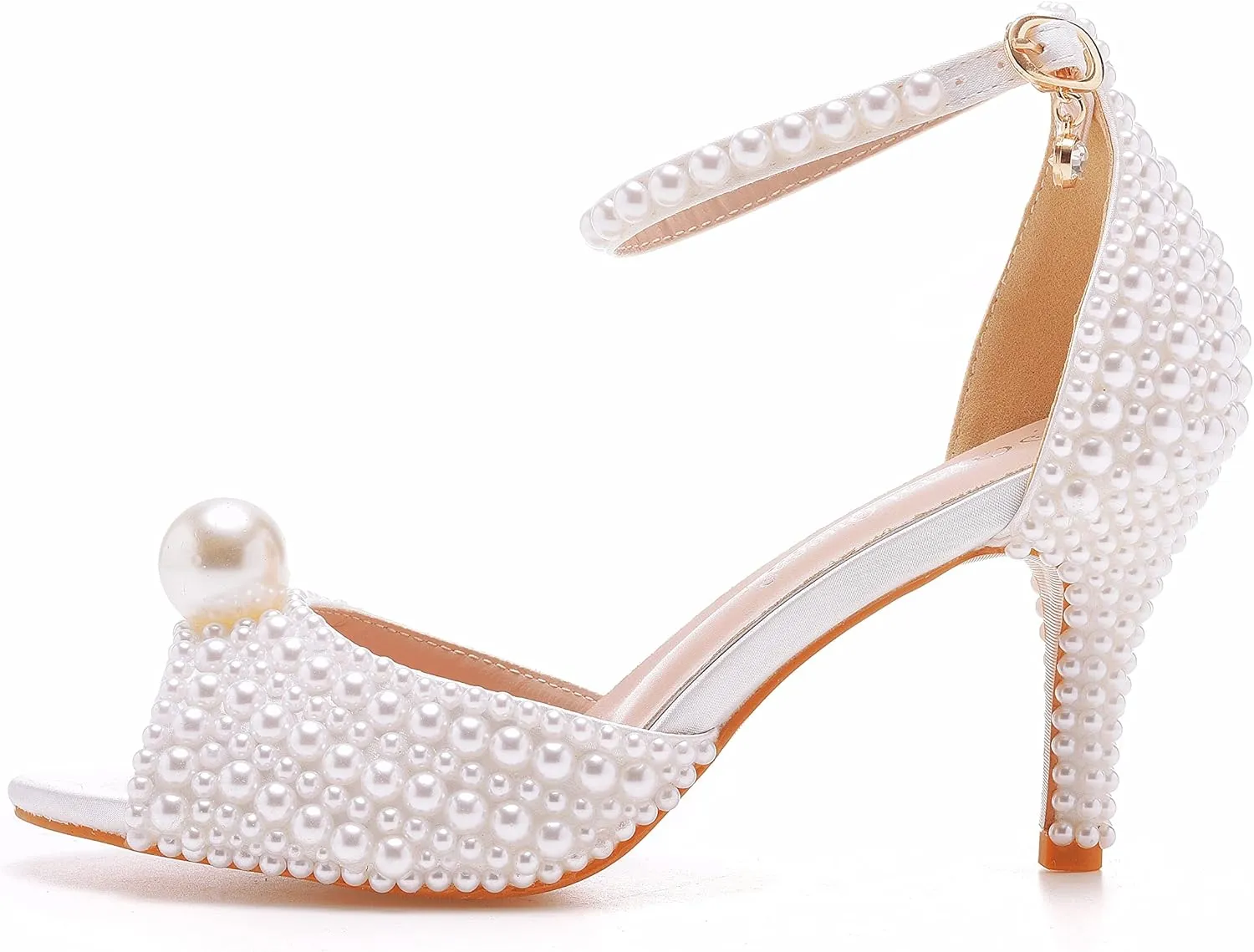 Crystal Queen 3 inches Stiletto Heels Pearls Sandals Peep Toe Bride Wedding Party Dress Shoes Women's Ankle Strap Sandals