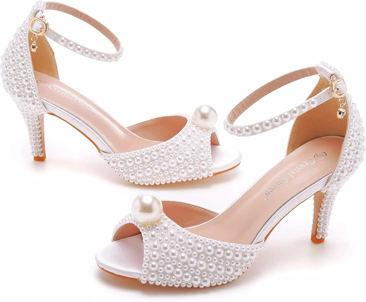 Crystal Queen 3 inches Stiletto Heels Pearls Sandals Peep Toe Bride Wedding Party Dress Shoes Women's Ankle Strap Sandals