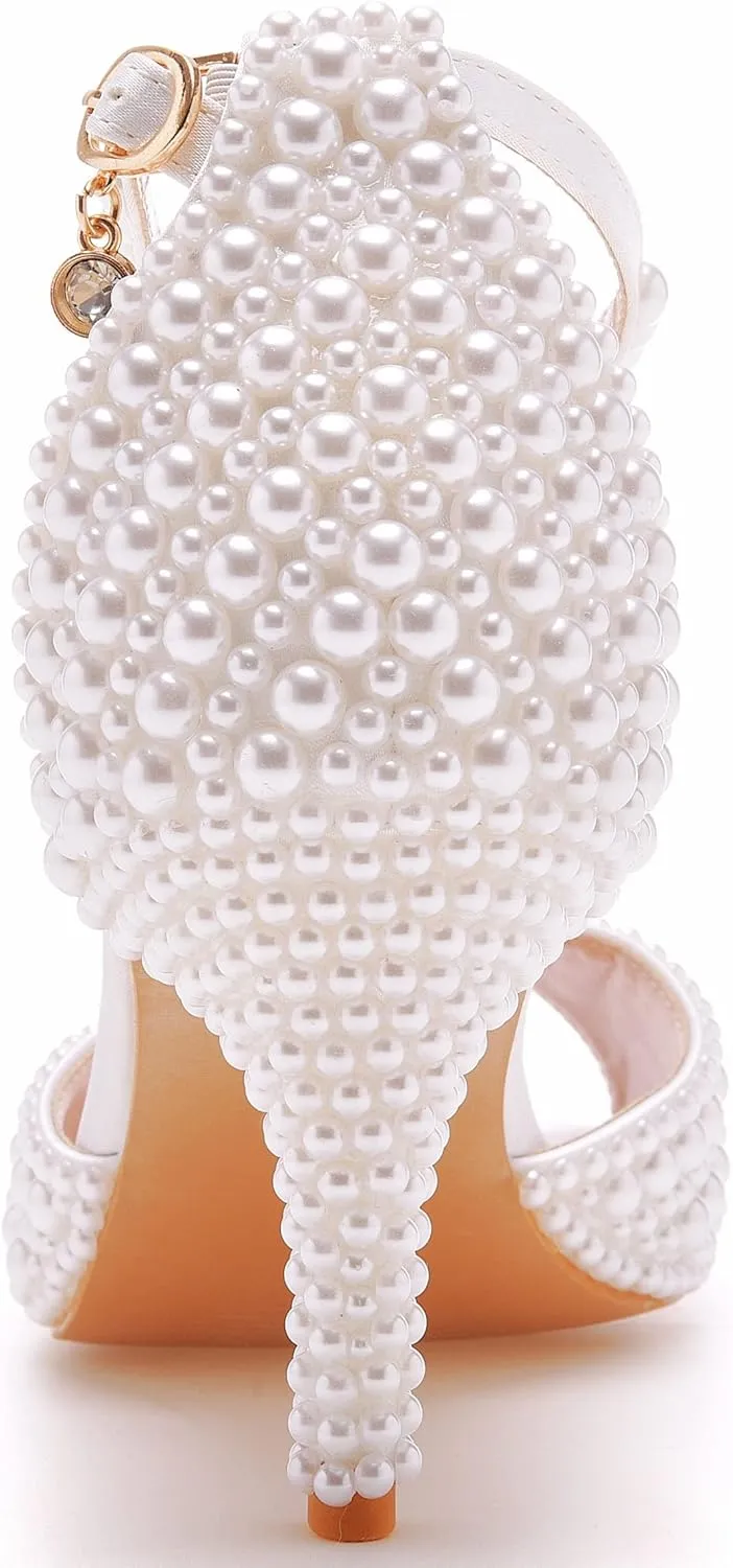 Crystal Queen 3 inches Stiletto Heels Pearls Sandals Peep Toe Bride Wedding Party Dress Shoes Women's Ankle Strap Sandals