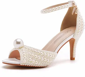 Crystal Queen 3 inches Stiletto Heels Pearls Sandals Peep Toe Bride Wedding Party Dress Shoes Women's Ankle Strap Sandals