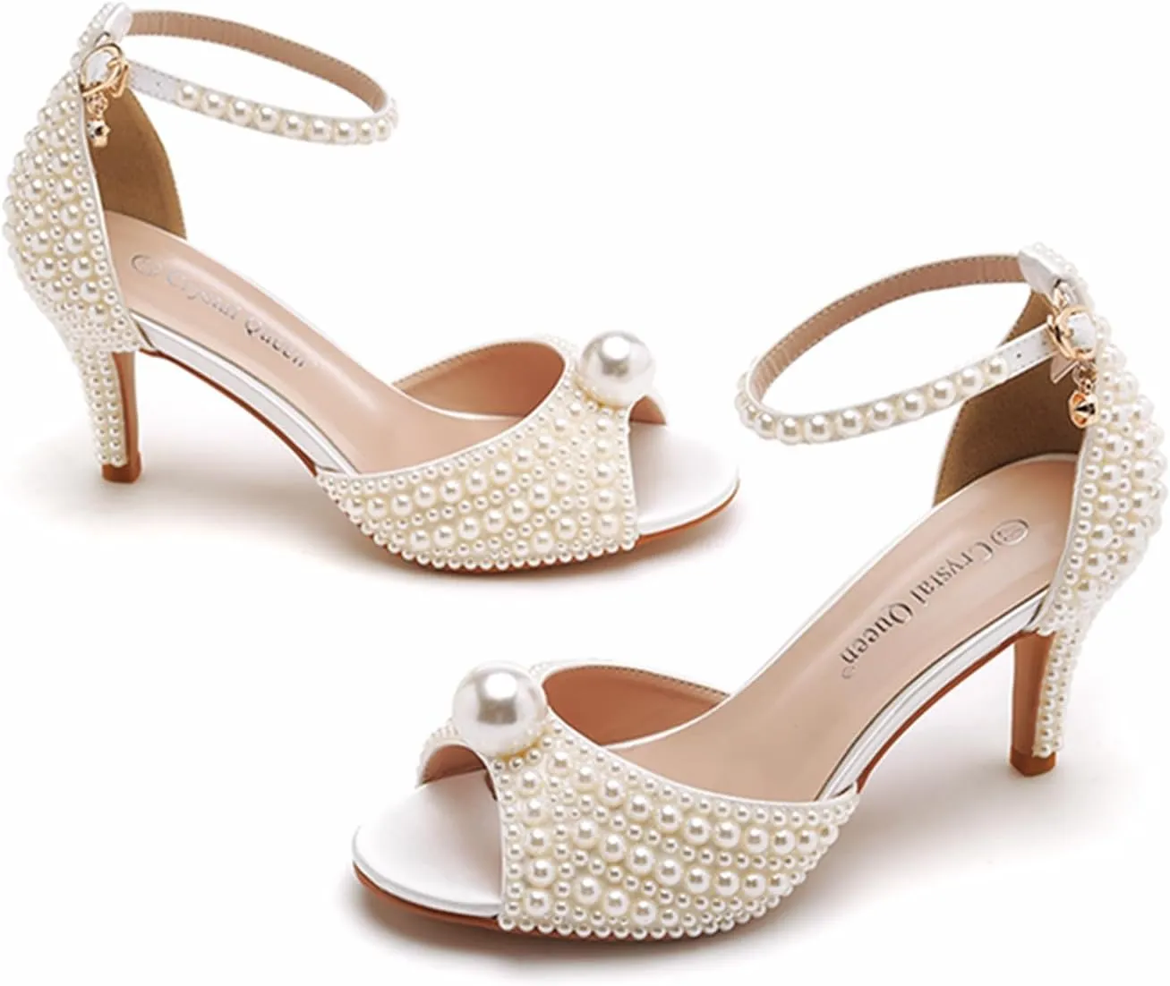 Crystal Queen 3 inches Stiletto Heels Pearls Sandals Peep Toe Bride Wedding Party Dress Shoes Women's Ankle Strap Sandals