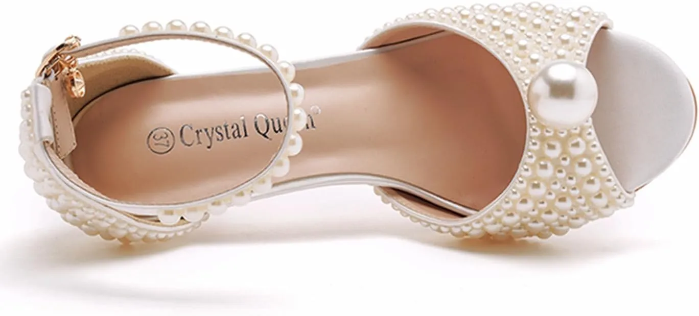 Crystal Queen 3 inches Stiletto Heels Pearls Sandals Peep Toe Bride Wedding Party Dress Shoes Women's Ankle Strap Sandals