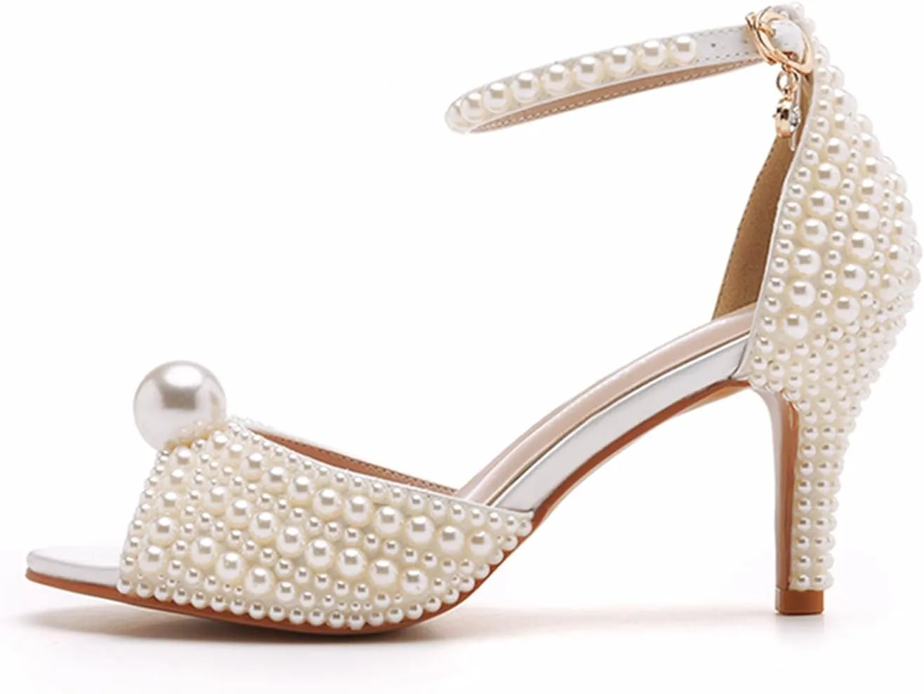 Crystal Queen 3 inches Stiletto Heels Pearls Sandals Peep Toe Bride Wedding Party Dress Shoes Women's Ankle Strap Sandals