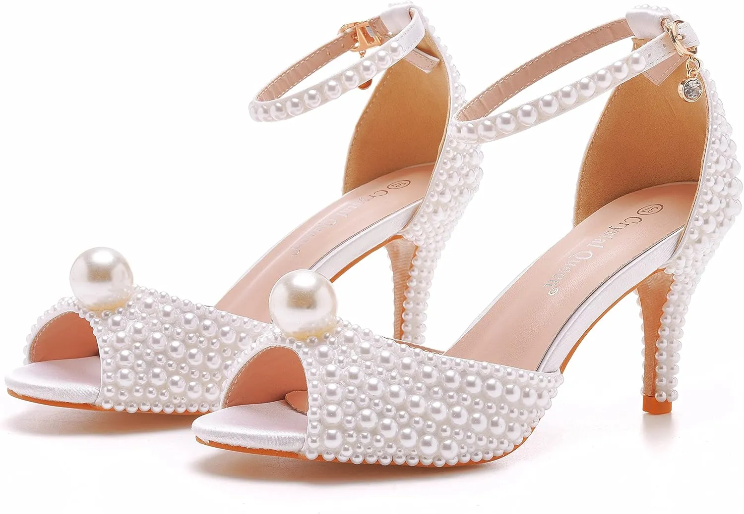 Crystal Queen 3 inches Stiletto Heels Pearls Sandals Peep Toe Bride Wedding Party Dress Shoes Women's Ankle Strap Sandals