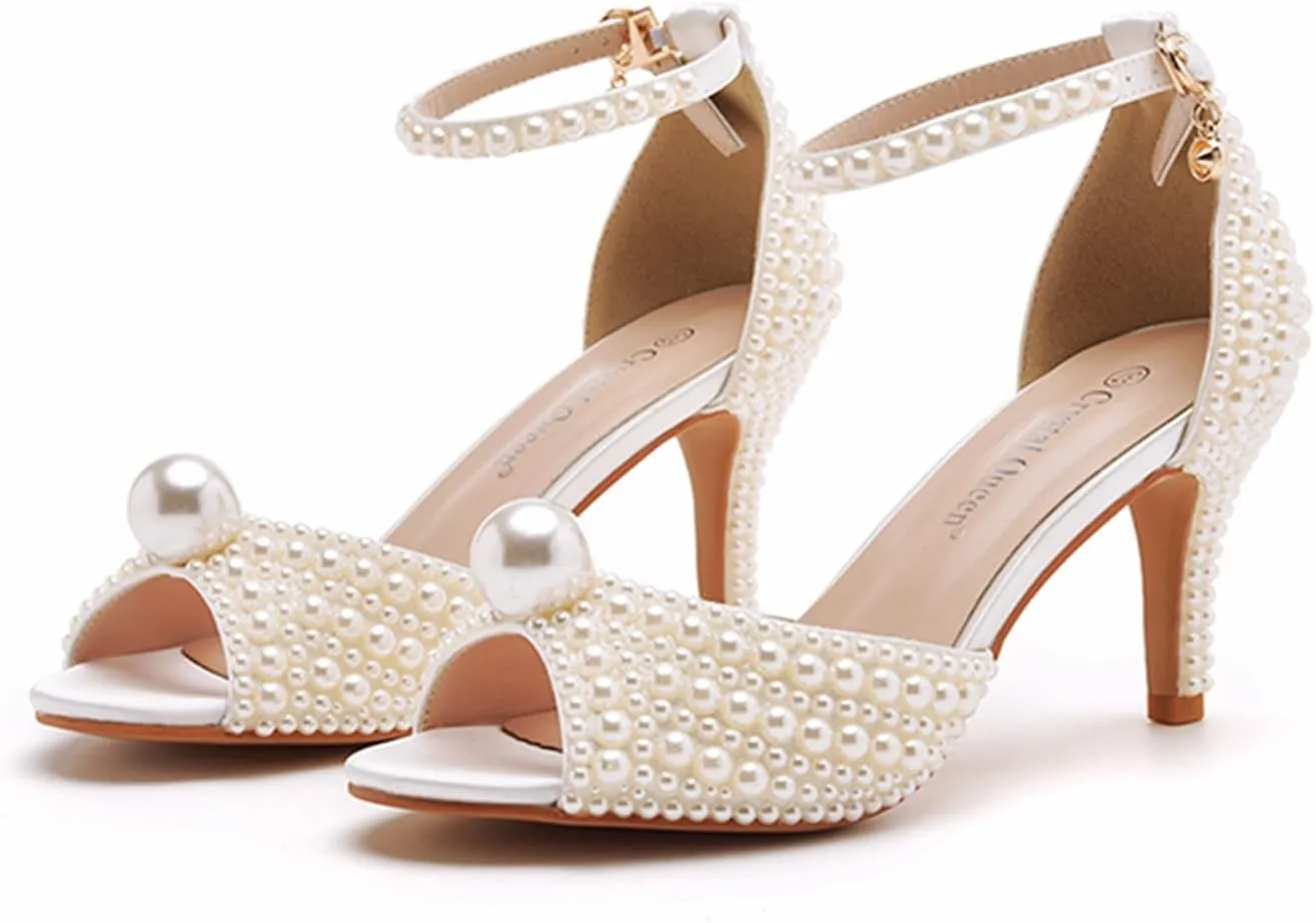 Crystal Queen 3 inches Stiletto Heels Pearls Sandals Peep Toe Bride Wedding Party Dress Shoes Women's Ankle Strap Sandals