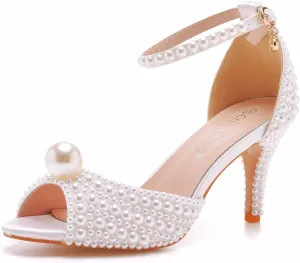 Crystal Queen 3 inches Stiletto Heels Pearls Sandals Peep Toe Bride Wedding Party Dress Shoes Women's Ankle Strap Sandals