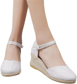 Dheva-C Women's Ankle Strap Closed Toe Espadrille Wedge Heels Sandals Retro Casual Buckle Strap Ladies Platform Summer Shoes (White-d, 6.5-7)