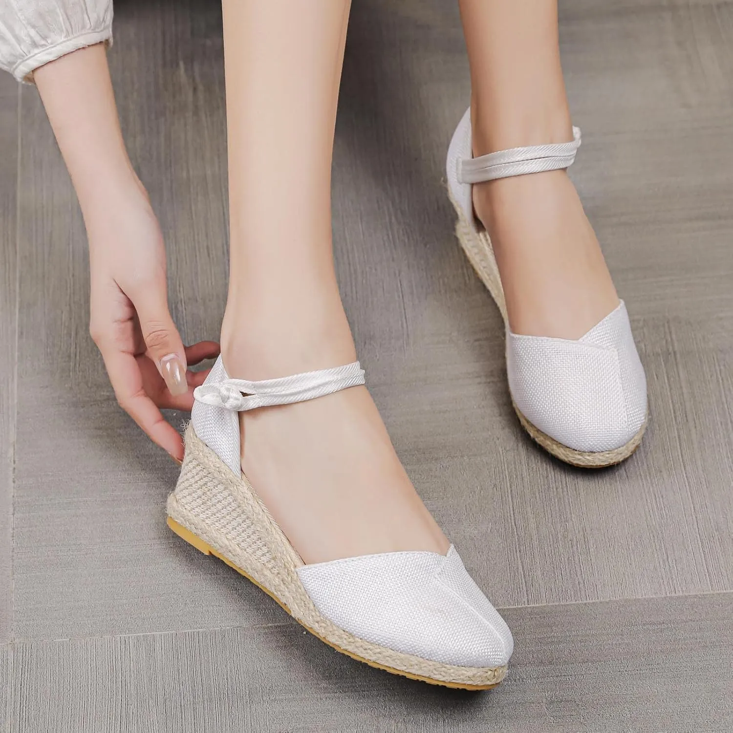 Dheva-C Women's Ankle Strap Closed Toe Espadrille Wedge Heels Sandals Retro Casual Buckle Strap Ladies Platform Summer Shoes (White-d, 6.5-7)