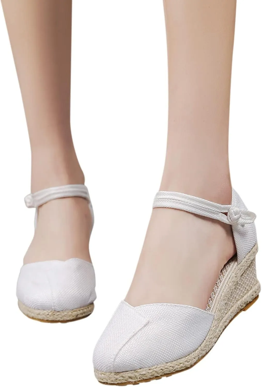 Dheva-C Women's Ankle Strap Closed Toe Espadrille Wedge Heels Sandals Retro Casual Buckle Strap Ladies Platform Summer Shoes (White-d, 6.5-7)