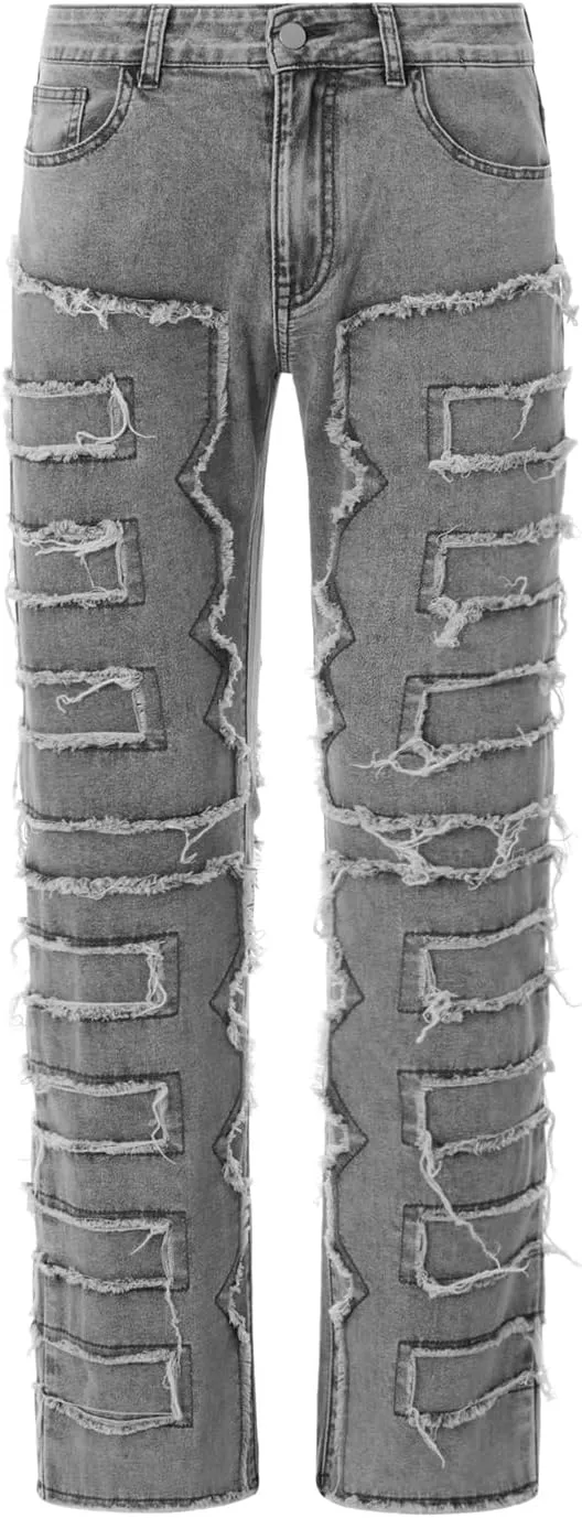 DSORVICD Mens Stacked Jeans Slim Fit Ripped Distressed Jeans Destroyed Straight Denim Pants Y2k Streetwear