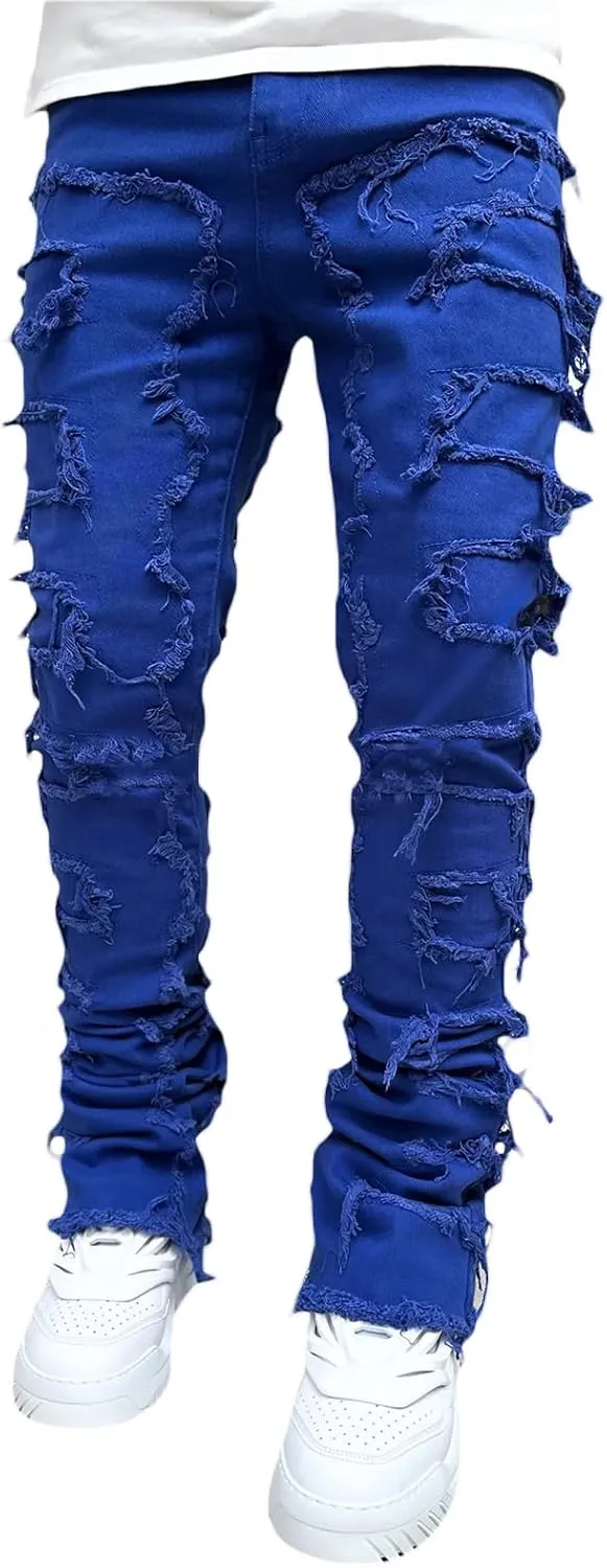 DSORVICD Mens Stacked Jeans Slim Fit Ripped Distressed Jeans Destroyed Straight Denim Pants Y2k Streetwear