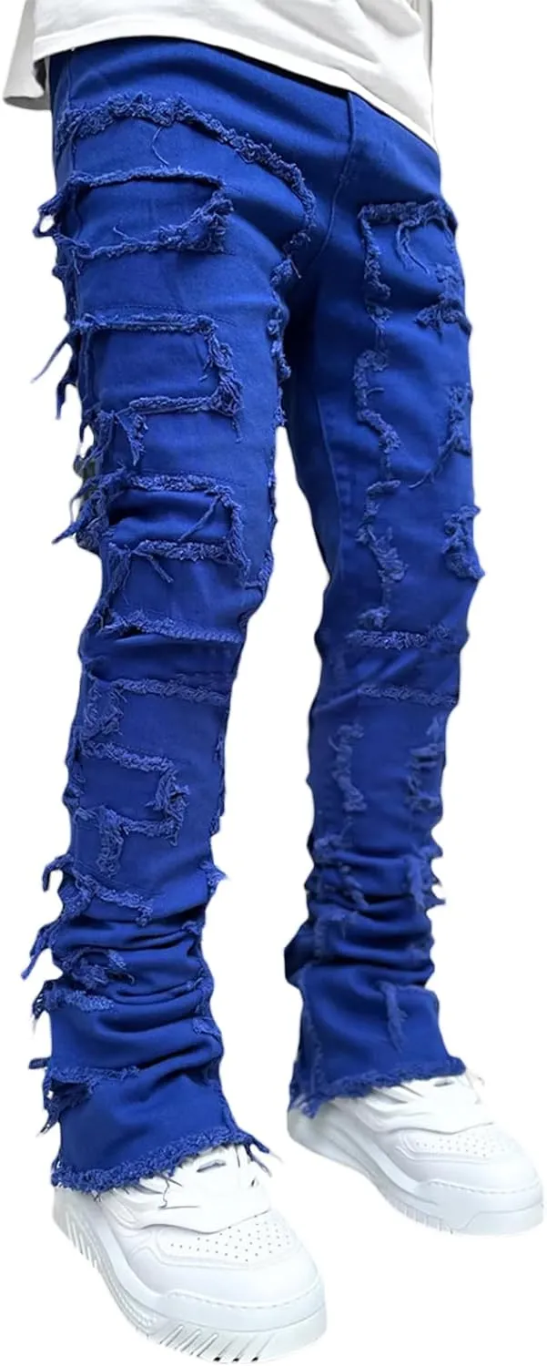 DSORVICD Mens Stacked Jeans Slim Fit Ripped Distressed Jeans Destroyed Straight Denim Pants Y2k Streetwear
