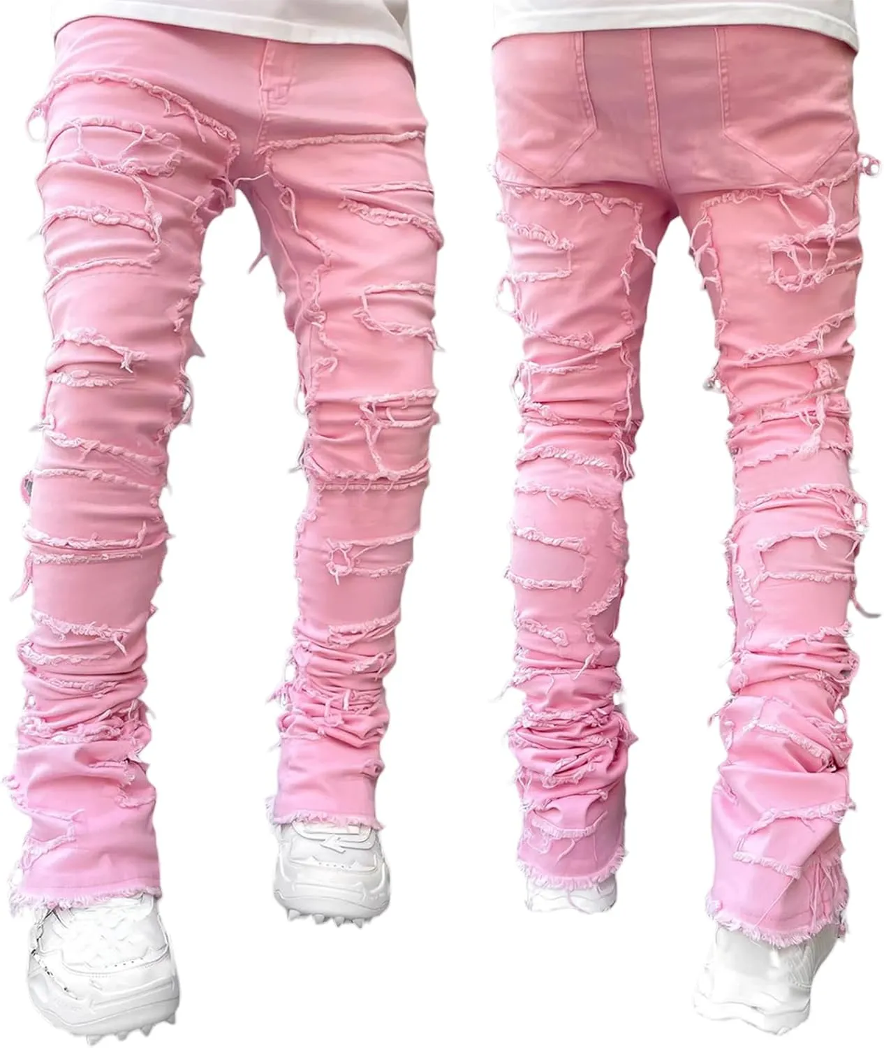 DSORVICD Mens Stacked Jeans Slim Fit Ripped Distressed Jeans Destroyed Straight Denim Pants Y2k Streetwear