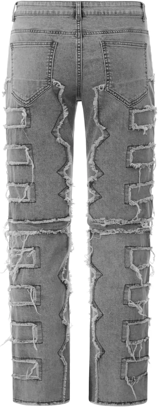 DSORVICD Mens Stacked Jeans Slim Fit Ripped Distressed Jeans Destroyed Straight Denim Pants Y2k Streetwear