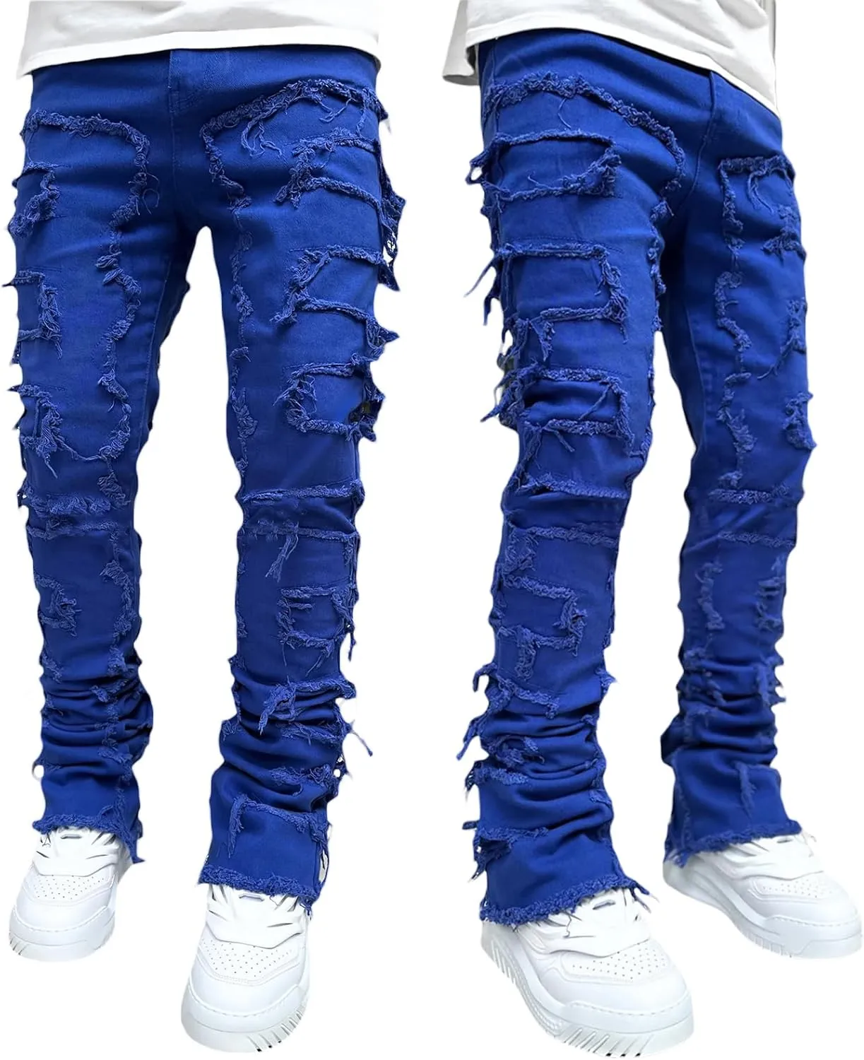DSORVICD Mens Stacked Jeans Slim Fit Ripped Distressed Jeans Destroyed Straight Denim Pants Y2k Streetwear