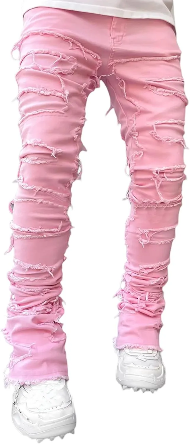 DSORVICD Mens Stacked Jeans Slim Fit Ripped Distressed Jeans Destroyed Straight Denim Pants Y2k Streetwear