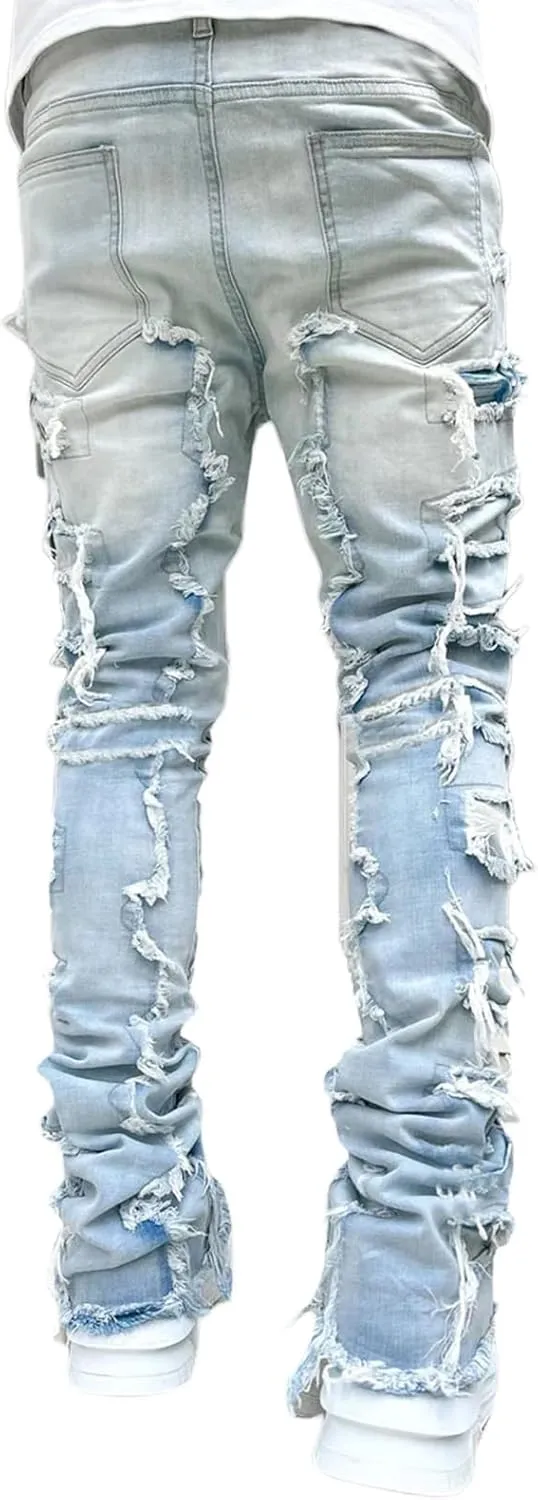 DSORVICD Mens Stacked Jeans Slim Fit Ripped Distressed Jeans Destroyed Straight Denim Pants Y2k Streetwear