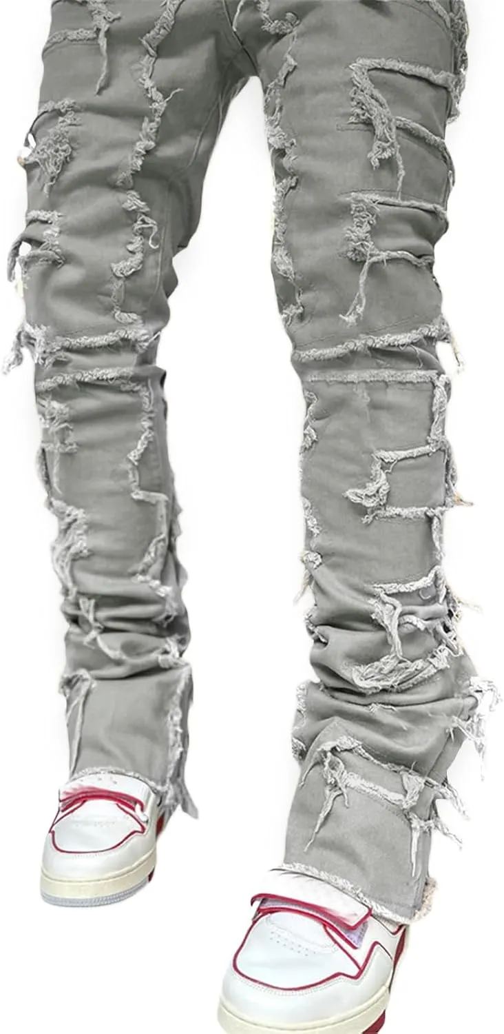 DSORVICD Mens Stacked Jeans Slim Fit Ripped Distressed Jeans Destroyed Straight Denim Pants Y2k Streetwear