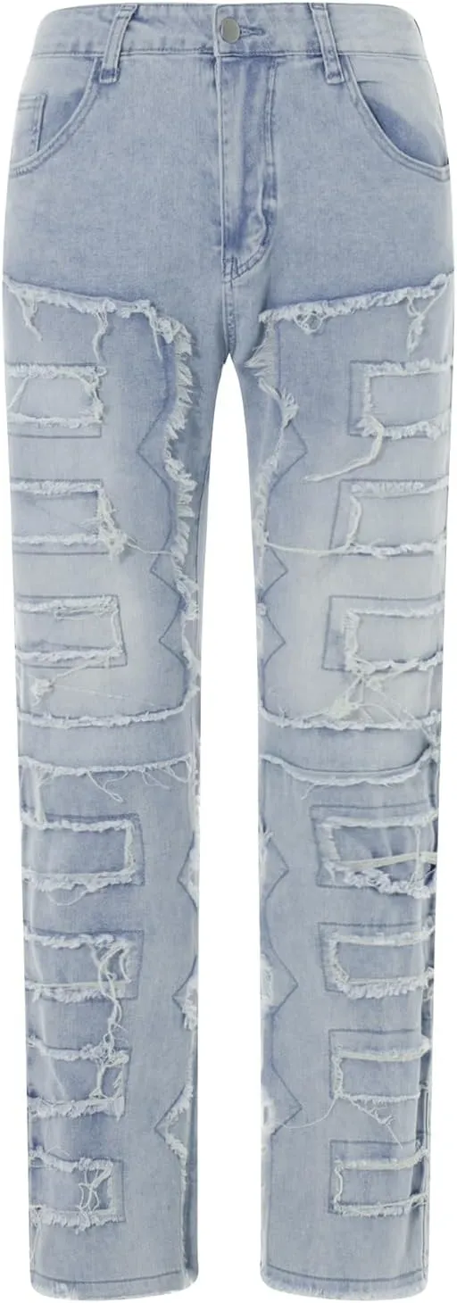 DSORVICD Mens Stacked Jeans Slim Fit Ripped Distressed Jeans Destroyed Straight Denim Pants Y2k Streetwear