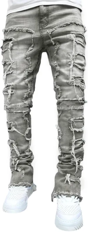 DSORVICD Mens Stacked Jeans Slim Fit Ripped Distressed Jeans Destroyed Straight Denim Pants Y2k Streetwear