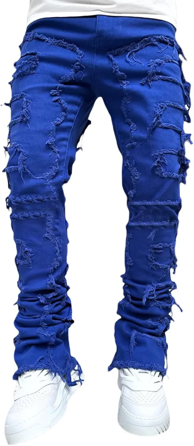 DSORVICD Mens Stacked Jeans Slim Fit Ripped Distressed Jeans Destroyed Straight Denim Pants Y2k Streetwear