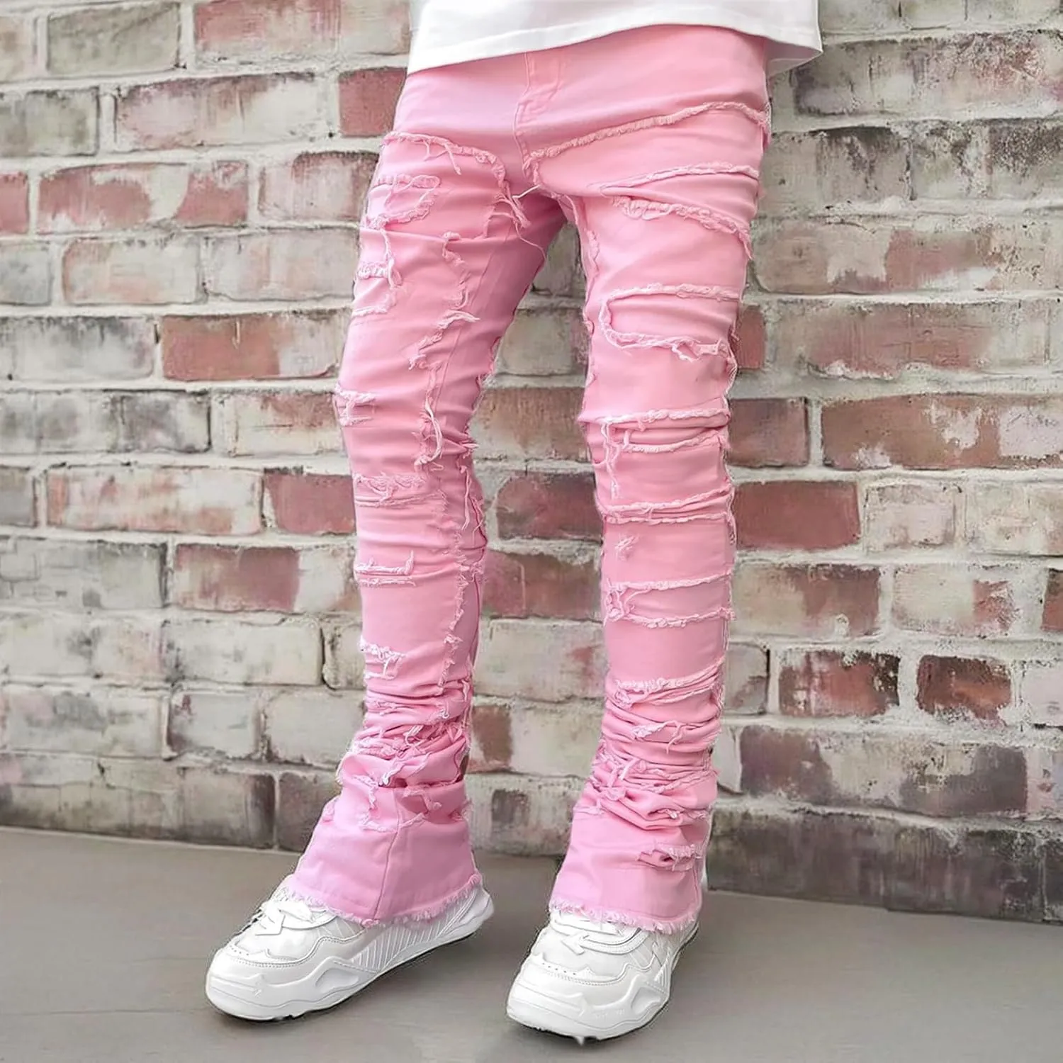 DSORVICD Mens Stacked Jeans Slim Fit Ripped Distressed Jeans Destroyed Straight Denim Pants Y2k Streetwear
