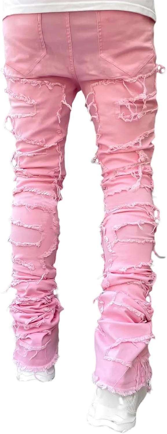 DSORVICD Mens Stacked Jeans Slim Fit Ripped Distressed Jeans Destroyed Straight Denim Pants Y2k Streetwear