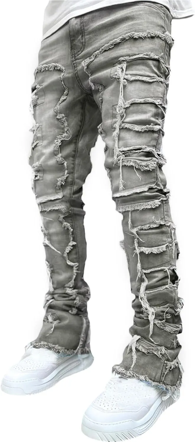 DSORVICD Mens Stacked Jeans Slim Fit Ripped Distressed Jeans Destroyed Straight Denim Pants Y2k Streetwear