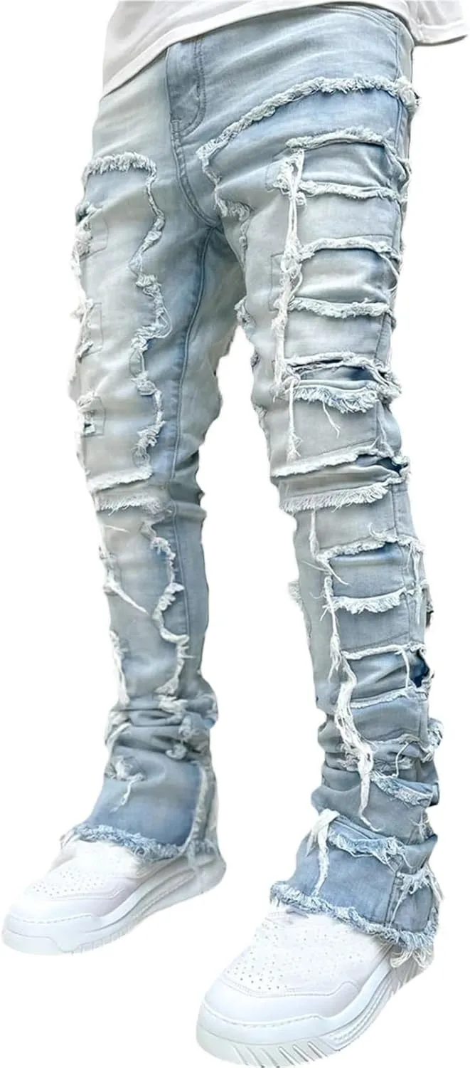 DSORVICD Mens Stacked Jeans Slim Fit Ripped Distressed Jeans Destroyed Straight Denim Pants Y2k Streetwear