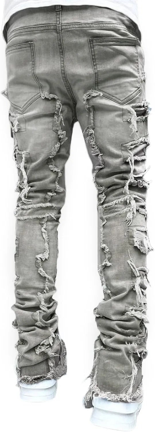 DSORVICD Mens Stacked Jeans Slim Fit Ripped Distressed Jeans Destroyed Straight Denim Pants Y2k Streetwear