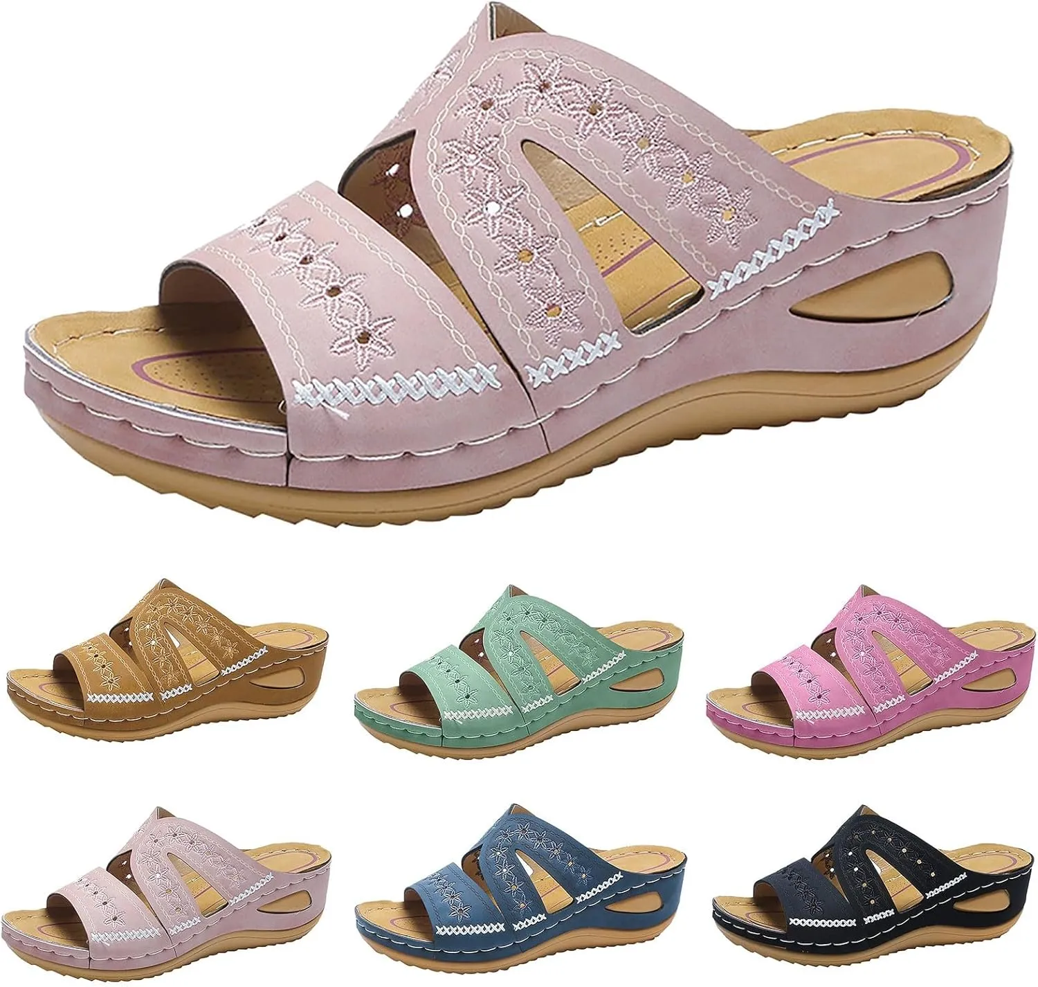 Eduavar Women's Orange Wedge Sandals, Comfortable Vintage Slip-On Open Toe Wedges