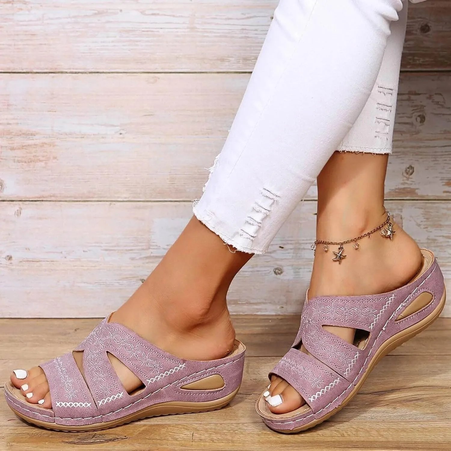 Eduavar Women's Orange Wedge Sandals, Comfortable Vintage Slip-On Open Toe Wedges