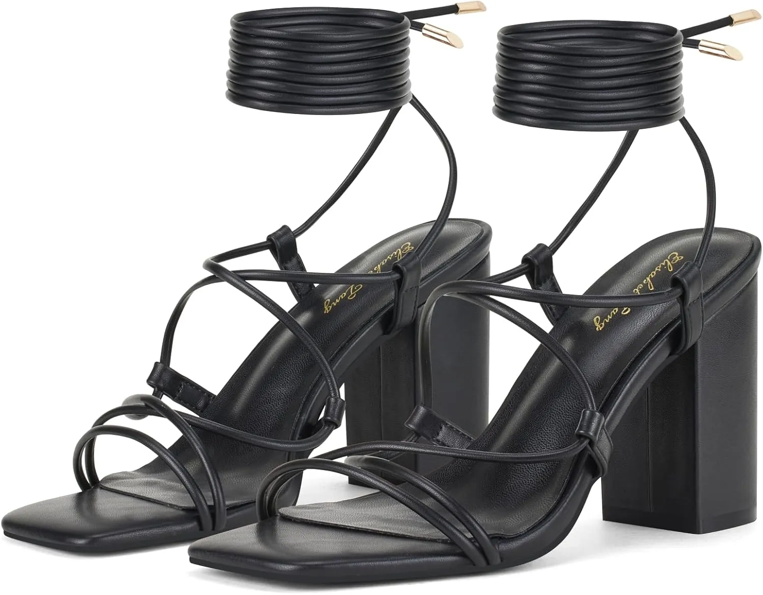 Elisabet Tang Square Toe Strappy Chunky Heels Sandals, 3 inch Women's Lace Up Low Block Heels Ankle Wrap Heels Square Open Toe Tie Up Heeled Sandals for Wedding Dress Shoes