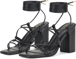Elisabet Tang Square Toe Strappy Chunky Heels Sandals, 3 inch Women's Lace Up Low Block Heels Ankle Wrap Heels Square Open Toe Tie Up Heeled Sandals for Wedding Dress Shoes