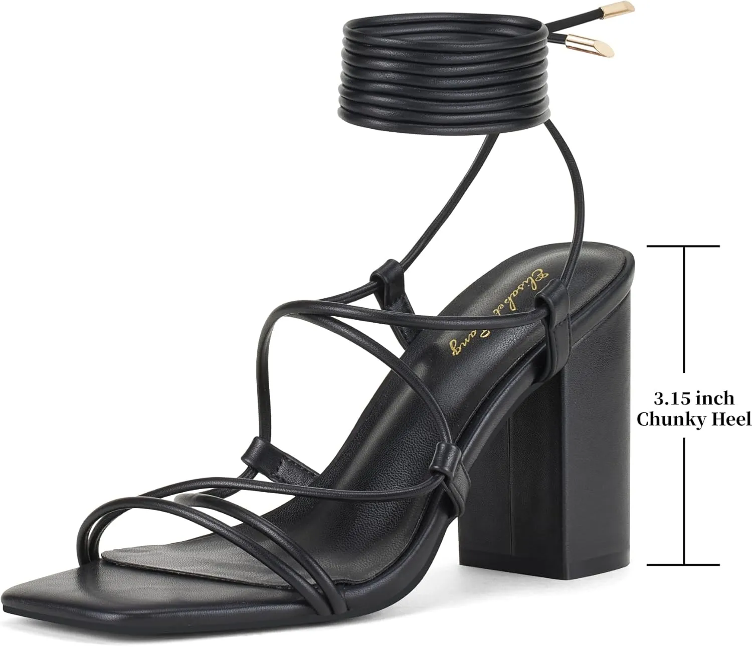 Elisabet Tang Square Toe Strappy Chunky Heels Sandals, 3 inch Women's Lace Up Low Block Heels Ankle Wrap Heels Square Open Toe Tie Up Heeled Sandals for Wedding Dress Shoes