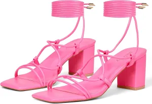 Elisabet Tang Women's High Heeled Sandals 2.4 Inches Chunky Strappy Lace Up Block Heels Square Open Toe at Wedding Party Prom Work Dating