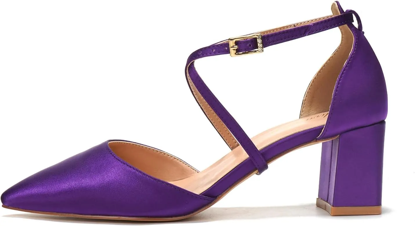 Elivandon J1586 Women's Satin Pointed Toe Mid-Heel Evening Sandals 2.36 inches Block Heel Bridal Party Wedding Pumps with Long Strap