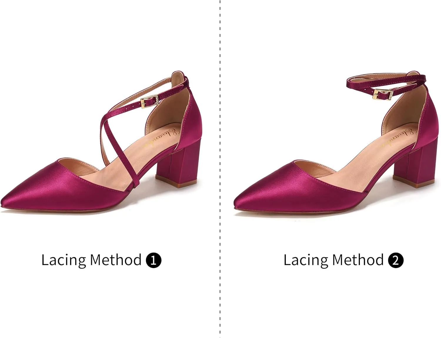 Elivandon J1586 Women's Satin Pointed Toe Mid-Heel Evening Sandals 2.36 inches Block Heel Bridal Party Wedding Pumps with Long Strap