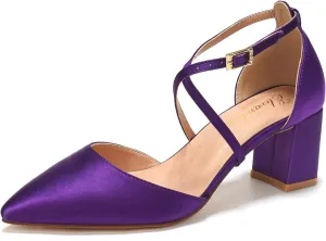 Elivandon J1586 Women's Satin Pointed Toe Mid-Heel Evening Sandals 2.36 inches Block Heel Bridal Party Wedding Pumps with Long Strap