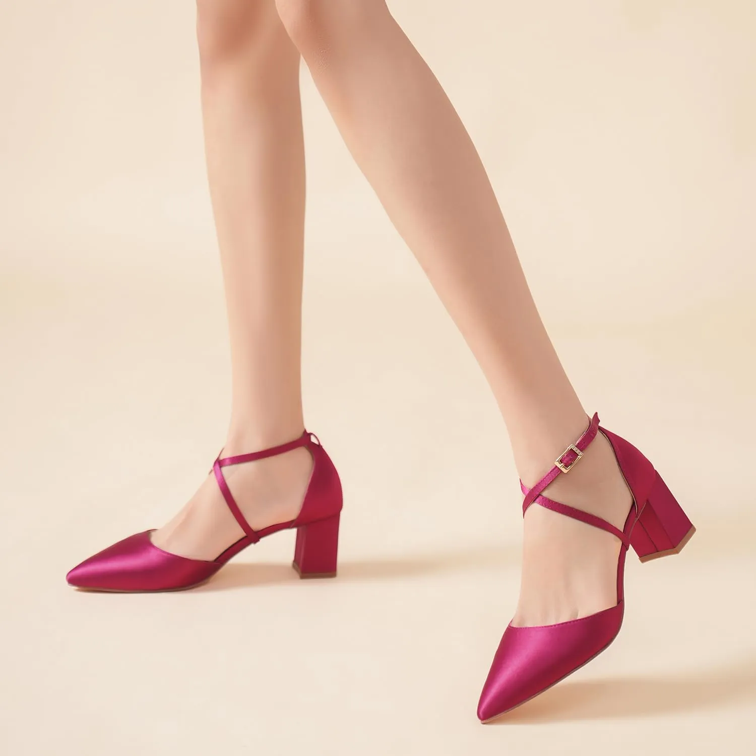 Elivandon J1586 Women's Satin Pointed Toe Mid-Heel Evening Sandals 2.36 inches Block Heel Bridal Party Wedding Pumps with Long Strap