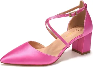 Elivandon J1586 Women's Satin Pointed Toe Mid-Heel Evening Sandals 2.36 inches Block Heel Bridal Party Wedding Pumps with Long Strap