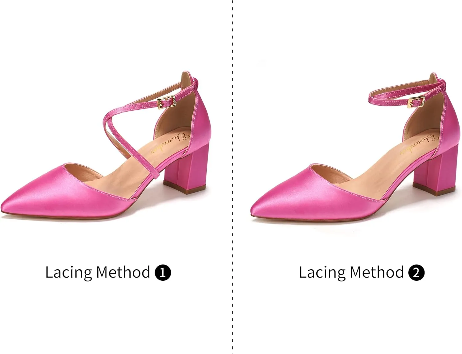 Elivandon J1586 Women's Satin Pointed Toe Mid-Heel Evening Sandals 2.36 inches Block Heel Bridal Party Wedding Pumps with Long Strap