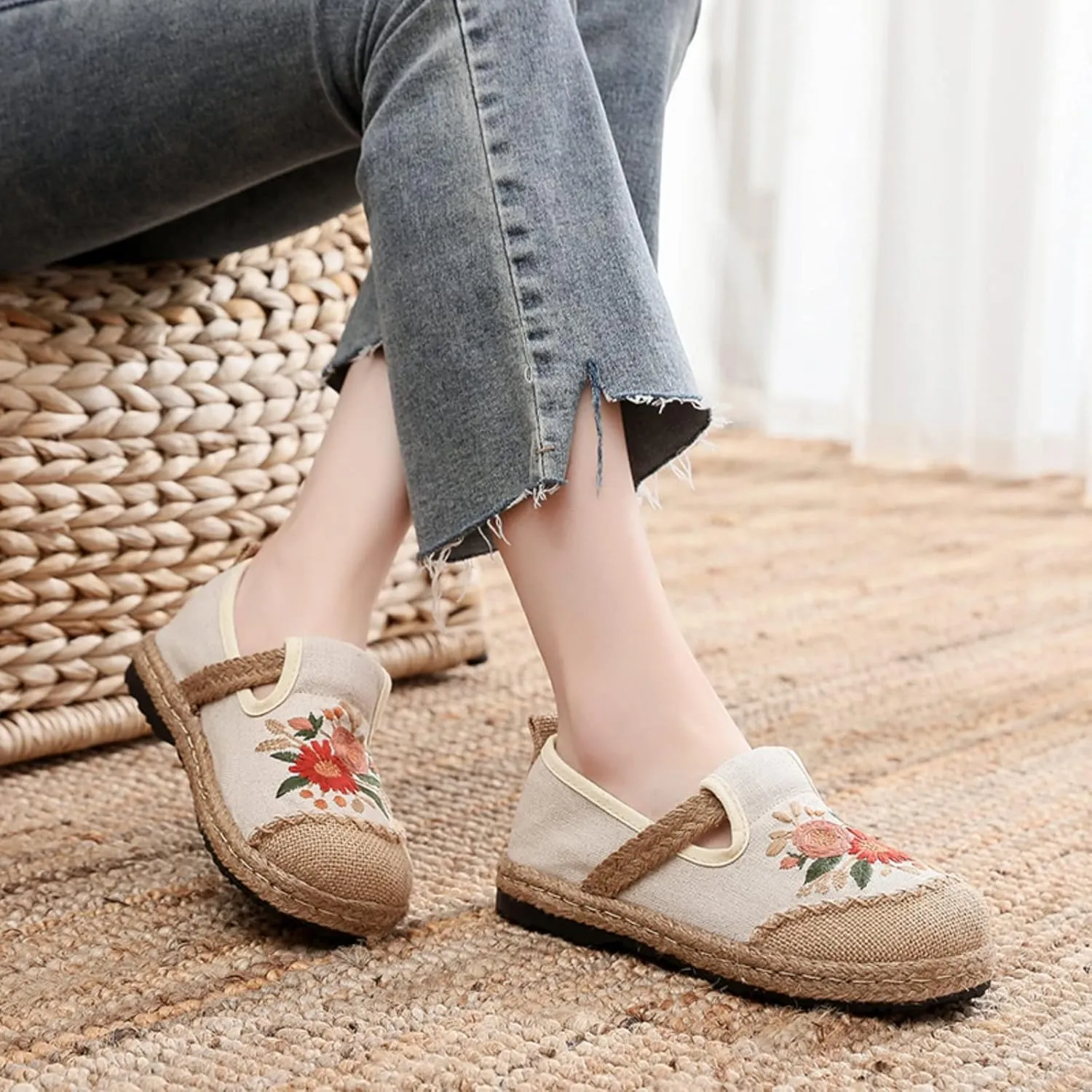 Espadrilles for Women Flat Slip on Loafers House Shoes Flowers Embroidered Casual Linen Closed Toe Espadrilles