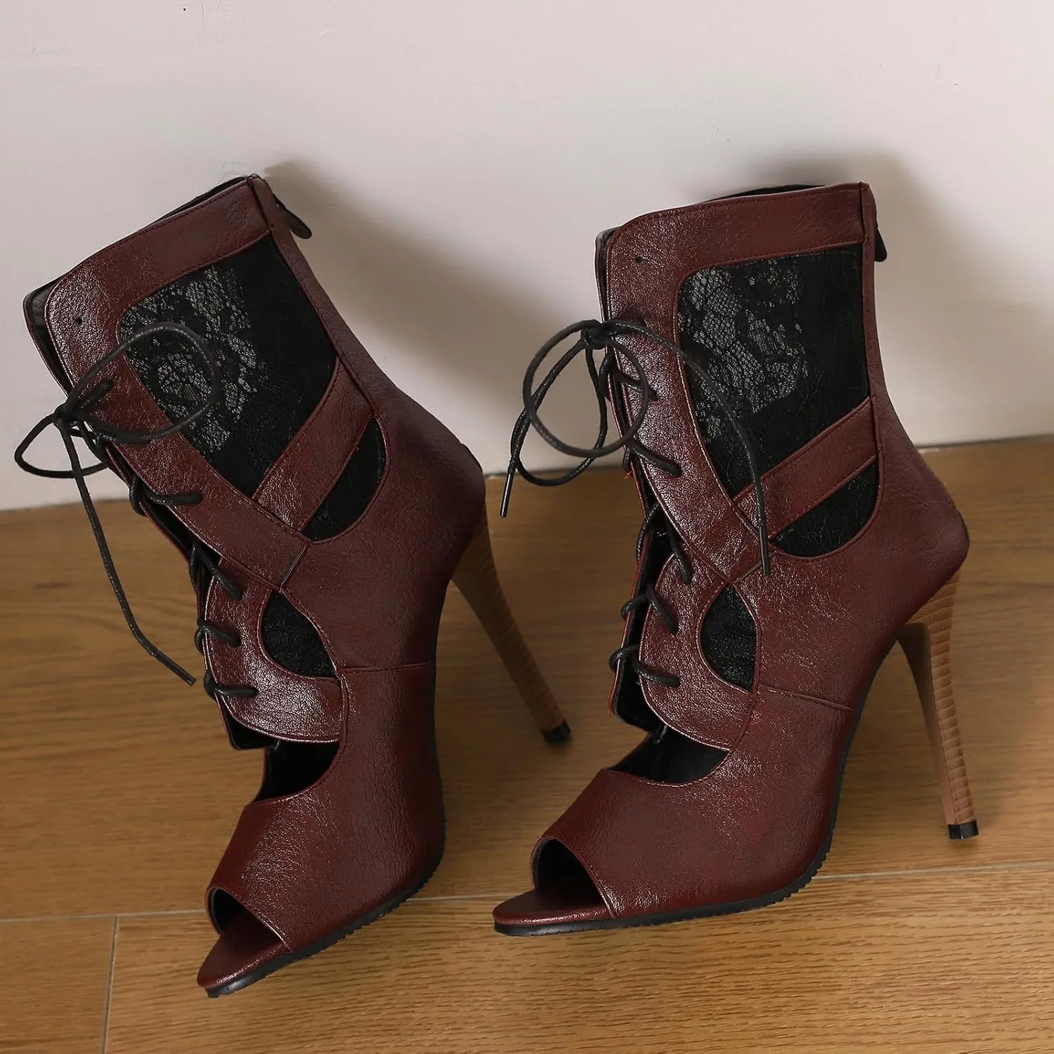 Fashion Mesh Air Lace Summer Booties for Women Peep Toe Lace Up Stiletto Heel Embroider Dance Sandals