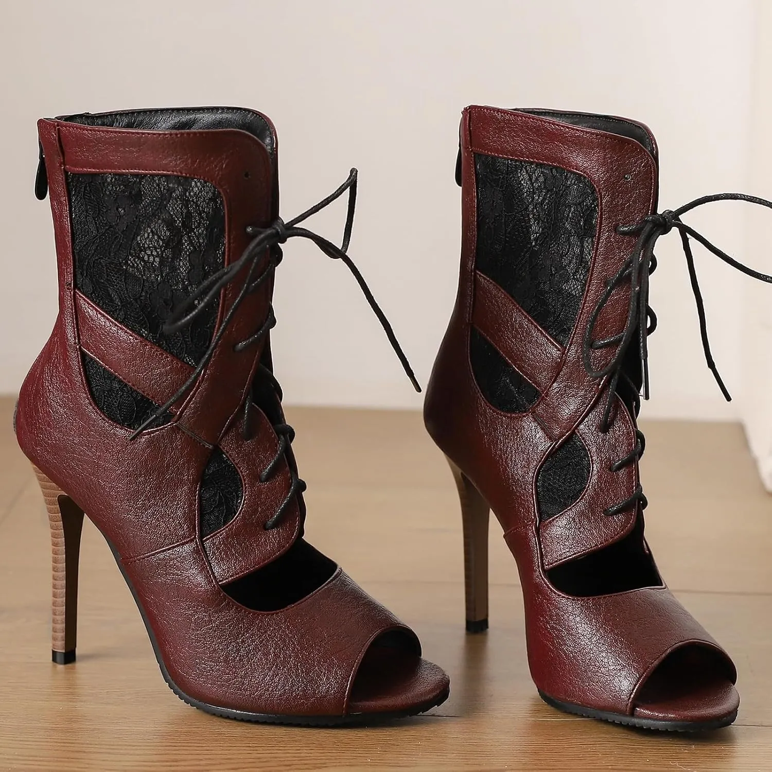 Fashion Mesh Air Lace Summer Booties for Women Peep Toe Lace Up Stiletto Heel Embroider Dance Sandals