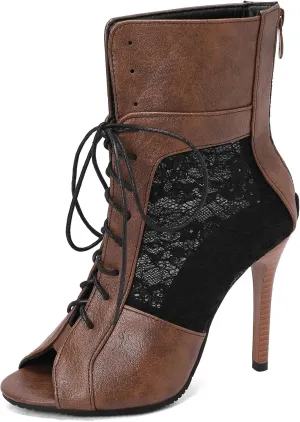 Fashion Mesh Air Lace Summer Booties for Women Peep Toe Lace Up Stiletto Heel Embroider Dance Sandals