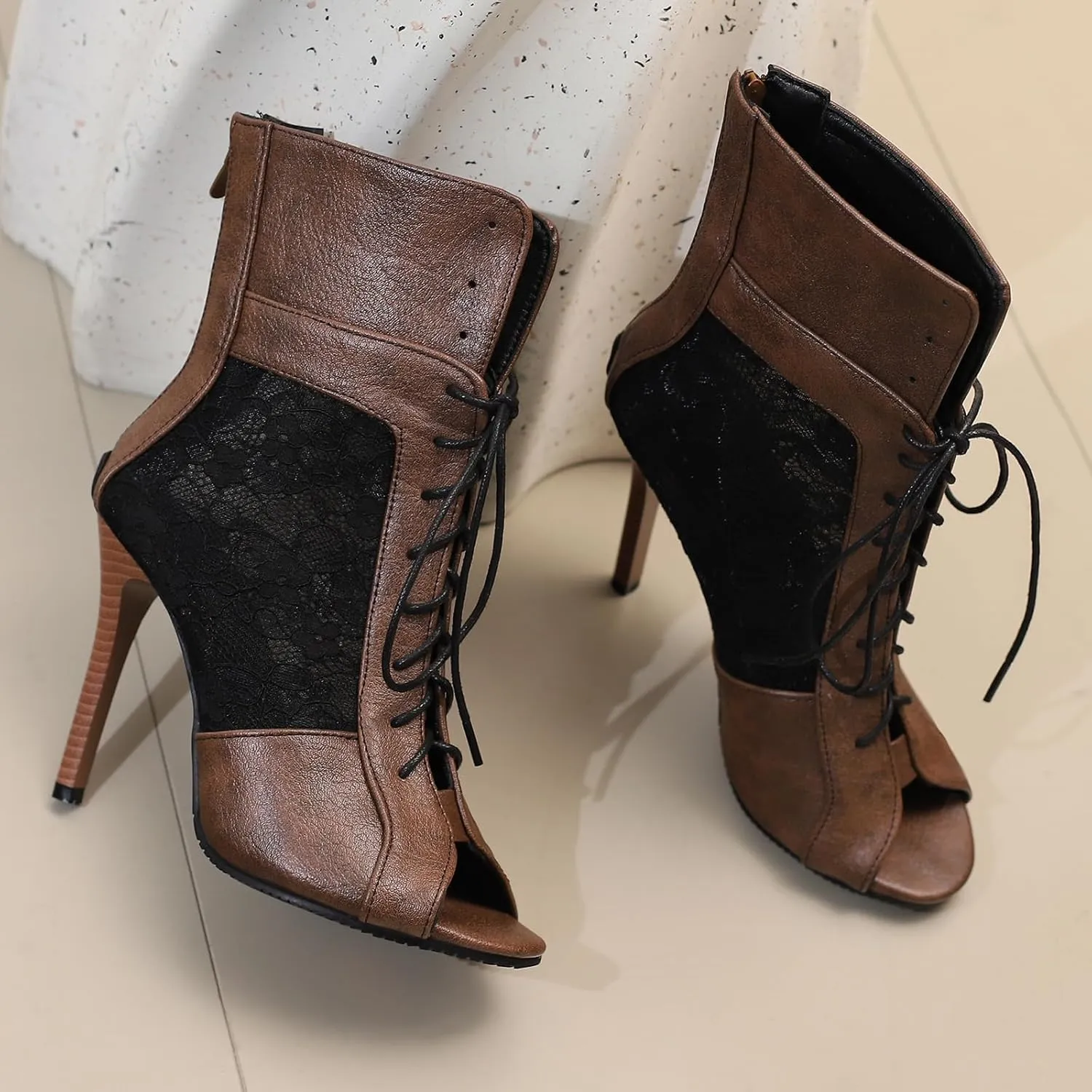 Fashion Mesh Air Lace Summer Booties for Women Peep Toe Lace Up Stiletto Heel Embroider Dance Sandals