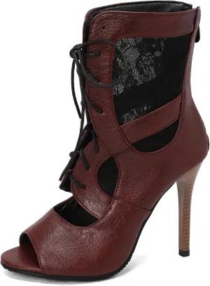 Fashion Mesh Air Lace Summer Booties for Women Peep Toe Lace Up Stiletto Heel Embroider Dance Sandals