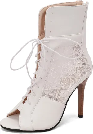 Fashion Mesh Air Lace Summer Booties for Women Peep Toe Lace Up Stiletto Heel Embroider Dance Sandals
